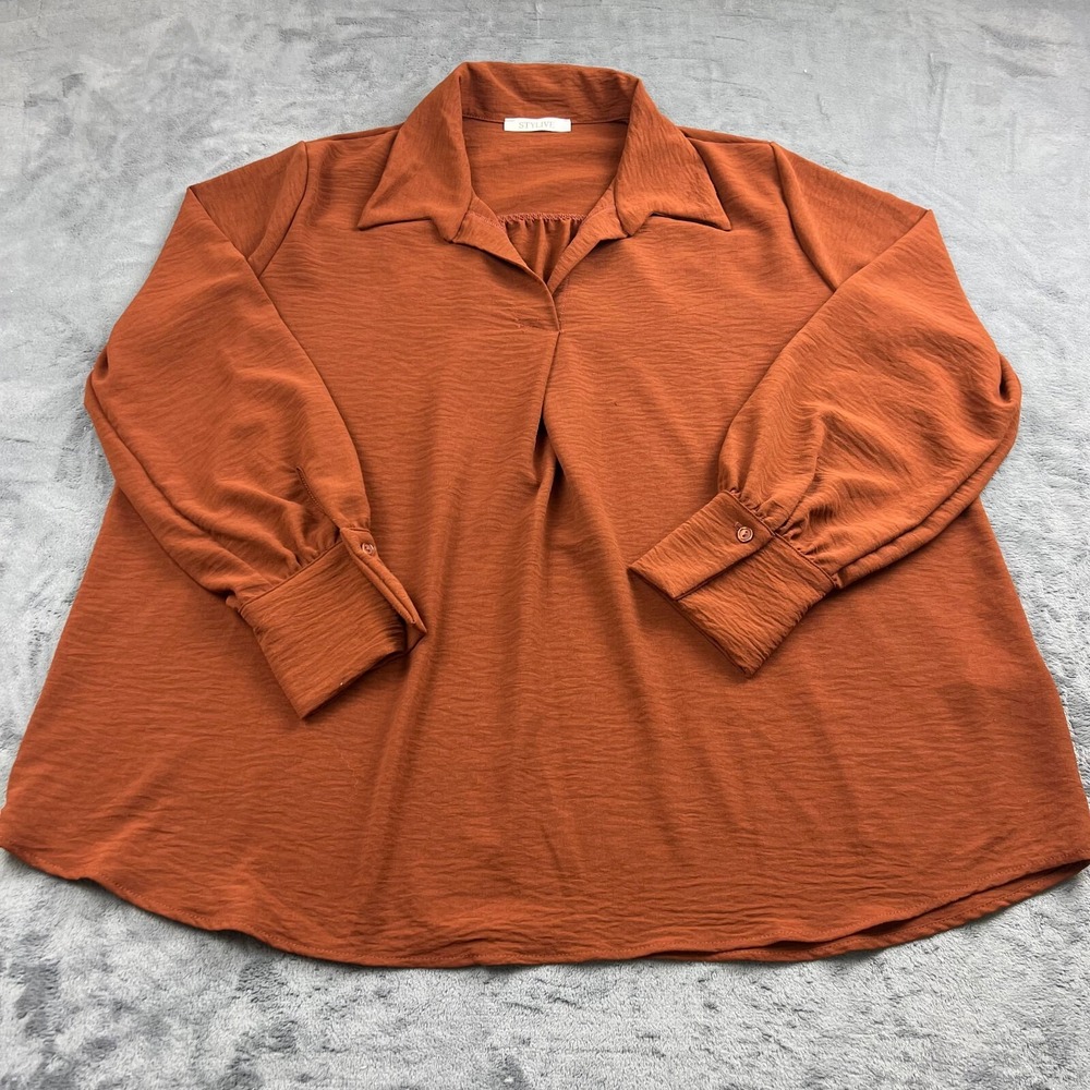 Stylive Womens Top Size Large Orange Rust Collar‎ Flowy Lagenlook Textured Boho